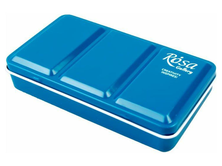 ROSA Gallery Turquoise metal watercolour case for 12 full pans, featuring a durable enamel-coated metal body, compact portable design and secure hinged lid for storing and transporting a customised watercolour palette