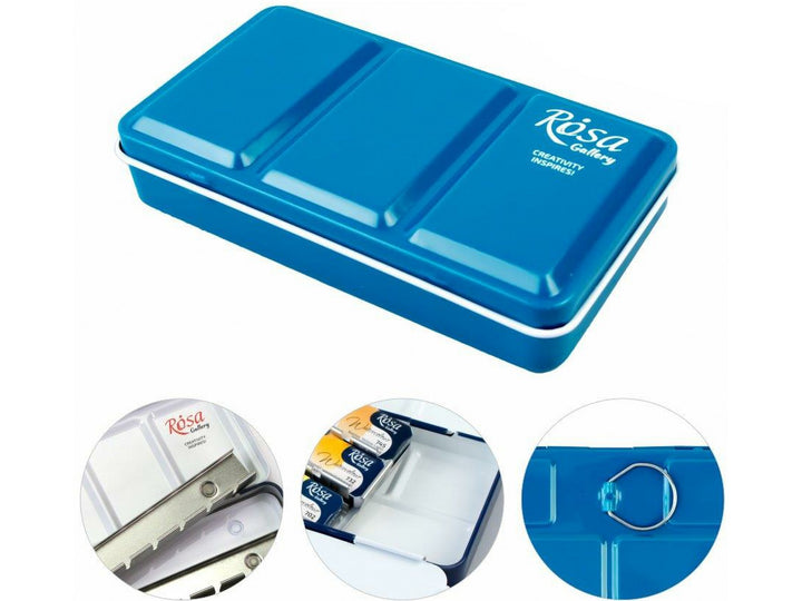 ROSA Gallery Turquoise metal watercolour case for 12 full pans, featuring a durable enamel-coated metal body, integrated mixing palette, removable full-pan holders and a finger ring on the base for comfortable handheld painting