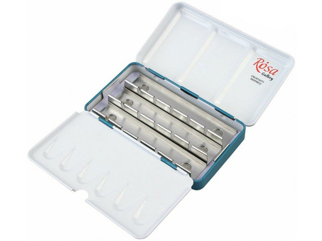 ROSA Gallery Turquoise metal watercolour case opened to reveal space for 12 full pans, featuring removable metal pan holders, integrated mixing wells in the lid and fold-out palette sections for portable watercolour painting