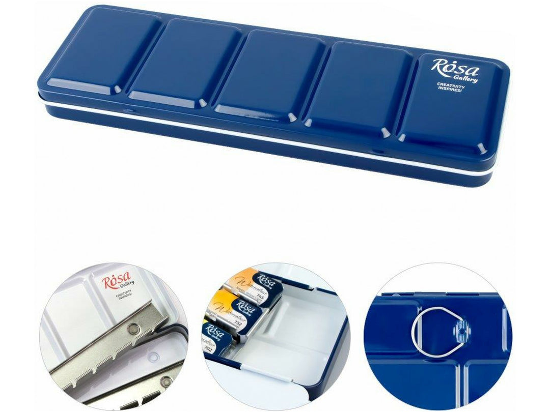 ROSA Gallery Indigo metal watercolour case for 21 full pans, featuring a durable enamel-coated metal body, removable full-pan holder system, integrated mixing palette and finger ring on the base for comfortable handheld painting