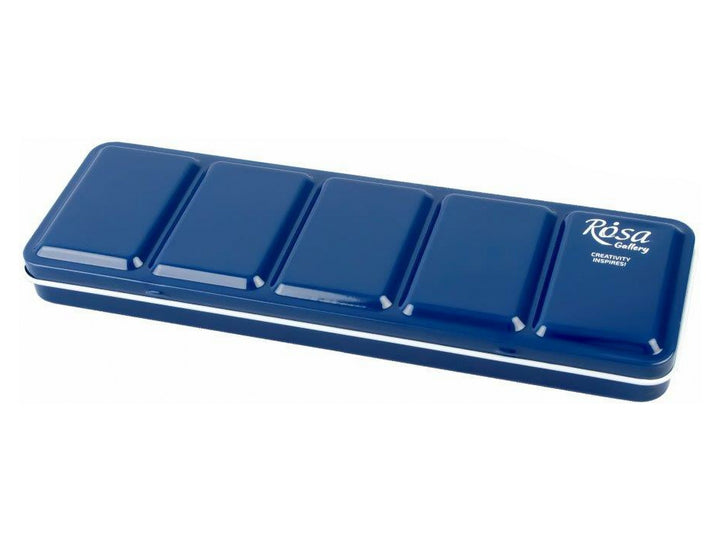 ROSA Gallery Indigo metal watercolour case for 21 full pans, featuring a durable enamel-coated metal body, compact travel-friendly design and secure hinged lid for storing and transporting a customised watercolour palette