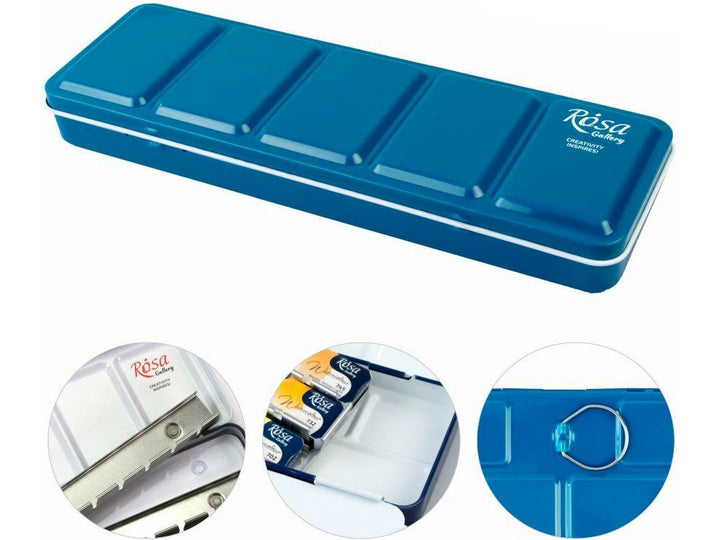 ROSA Gallery Turquoise metal watercolour case for 21 full pans, featuring a durable enamel-coated metal body, removable full-pan holder system, integrated mixing palette, secure metal pan rails and a finger ring on the base for comfortable handheld painting
