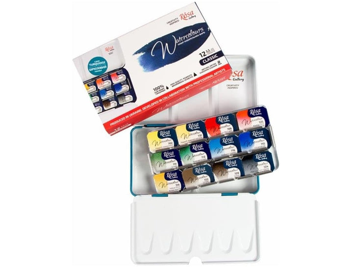 Rosa Gallery watercolour set of 12 colours in open metal tin with packaging and paint pans