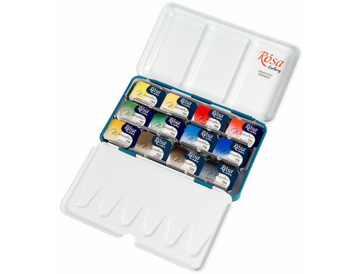 Rosa Gallery watercolour set of 12 colours in open metal tin showing paint pans and mixing palette