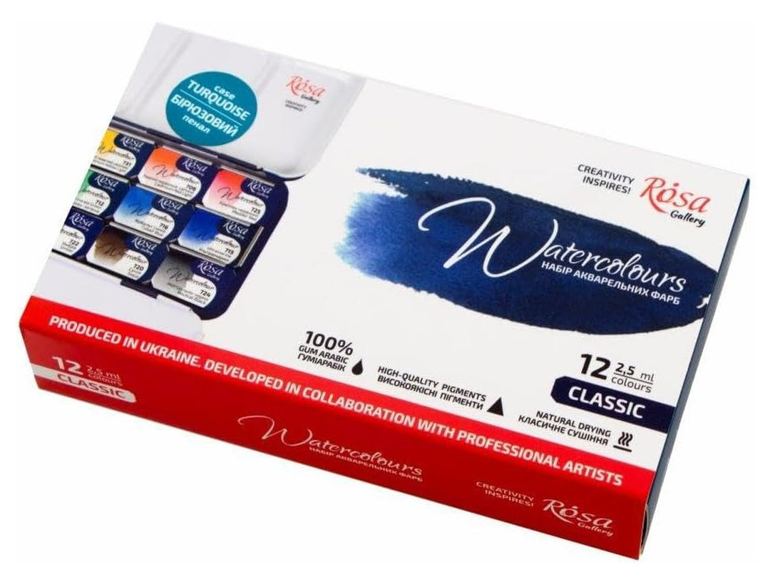 Rosa Gallery watercolour set of 12 colours classic packaging showing paint pans and palette preview