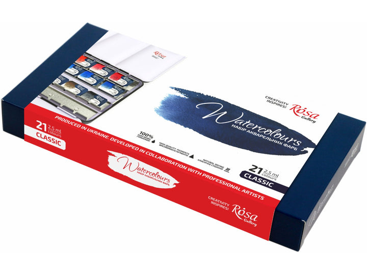 Rosa Gallery watercolour set of 21 colours classic packaging showing paint pans and palette preview