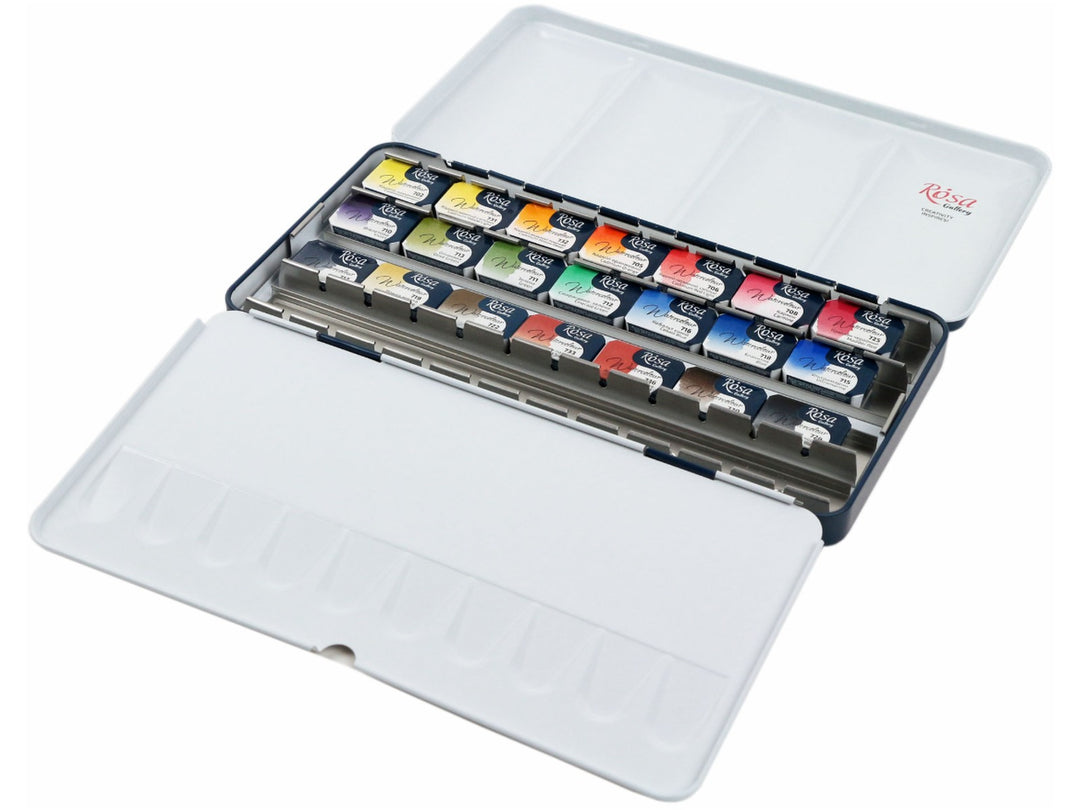 Rosa Gallery watercolour set of 21 colours in open metal tin showing paint pans and mixing palette