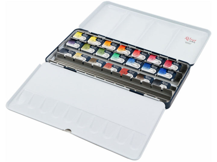 Rosa Gallery watercolour set of 21 colours in open metal tin showing paint pans and mixing palette