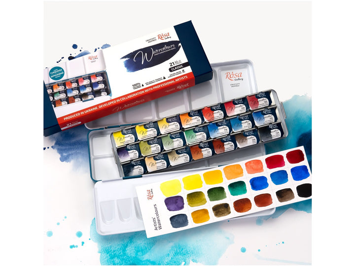 Rosa Gallery watercolour set of 21 colours in open tin with packaging, colour swatches and watercolour paint splashes