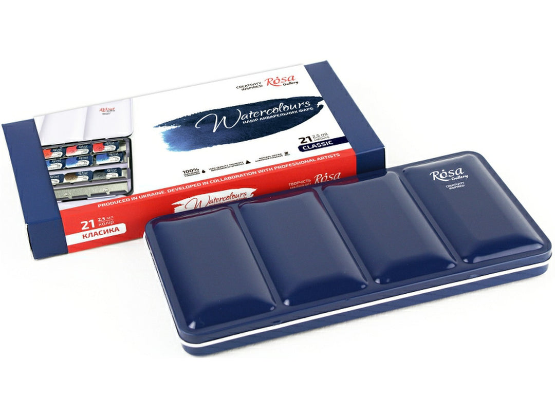 Rosa Gallery watercolour set of 21 colours classic packaging with empty metal tin case