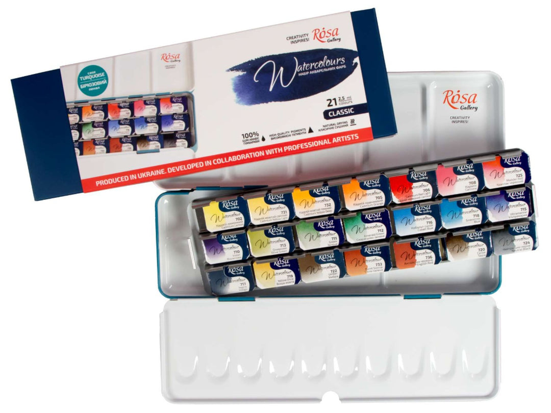 Rosa Gallery watercolour set of 21 colours in open metal tin with packaging and paint pans