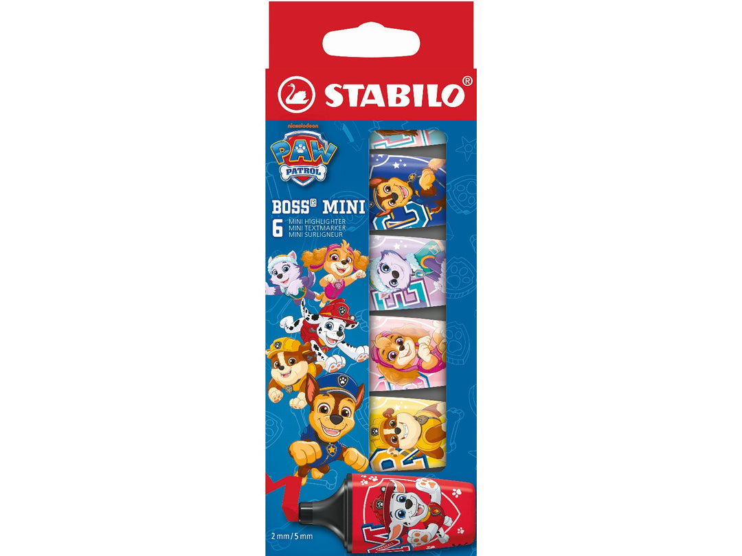 STABILO BOSS MINI PAW Patrol wallet of 6 highlighters in special-edition packaging, featuring colourful character designs including Chase, Marshall, Skye, Rubble, Everest and Liberty