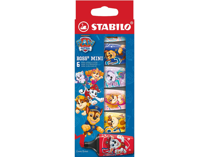 STABILO BOSS MINI PAW Patrol wallet of 6 highlighters in special-edition packaging, featuring colourful character designs including Chase, Marshall, Skye, Rubble, Everest and Liberty
