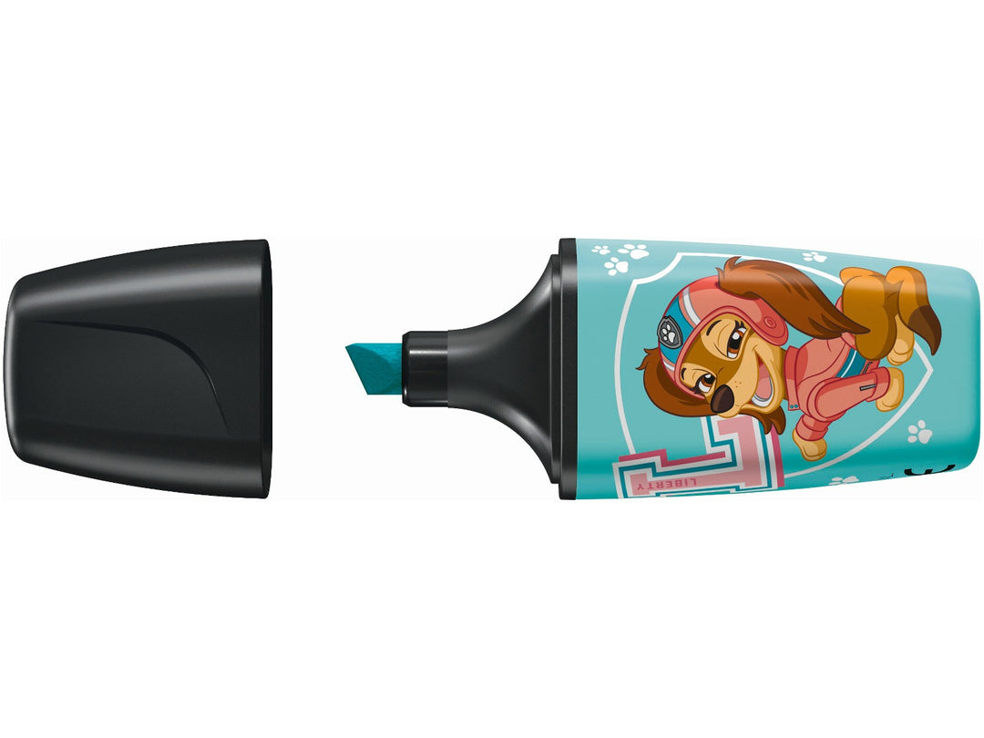 STABILO BOSS MINI PAW Patrol Touch of Turquoise highlighter featuring Liberty character artwork, shown uncapped with a turquoise chisel tip and black cap