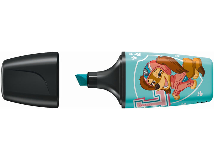 STABILO BOSS MINI PAW Patrol Touch of Turquoise highlighter featuring Liberty character artwork, shown uncapped with a turquoise chisel tip and black cap