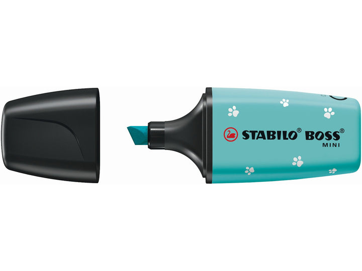 STABILO BOSS MINI PAW Patrol Touch of Turquoise highlighter shown uncapped with turquoise chisel tip, black cap, STABILO BOSS MINI branding and white paw print design