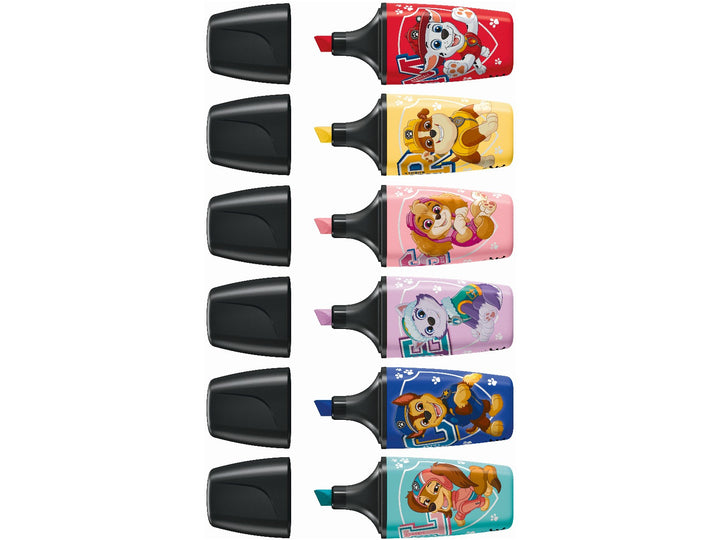 Six STABILO BOSS MINI PAW Patrol highlighters shown uncapped in Carmine, Milky Yellow, Pink Blush, Lilac Haze, Ultramarine and Touch of Turquoise, each featuring a different PAW Patrol character design