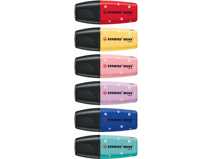 Six STABILO BOSS MINI PAW Patrol highlighters shown capped in Carmine, Milky Yellow, Pink Blush, Lilac Haze, Ultramarine and Touch of Turquoise with paw print designs