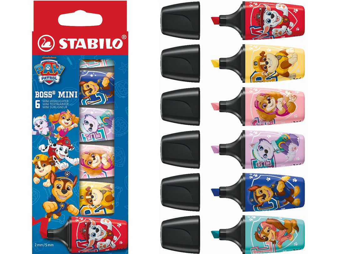 STABILO BOSS MINI PAW Patrol wallet of 6 highlighters shown alongside the six uncapped character designs in Carmine, Milky Yellow, Pink Blush, Lilac Haze, Ultramarine and Touch of Turquoise