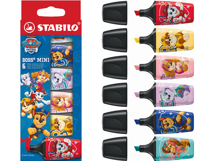 STABILO BOSS MINI PAW Patrol wallet of 6 highlighters shown alongside the six uncapped character designs in Carmine, Milky Yellow, Pink Blush, Lilac Haze, Ultramarine and Touch of Turquoise