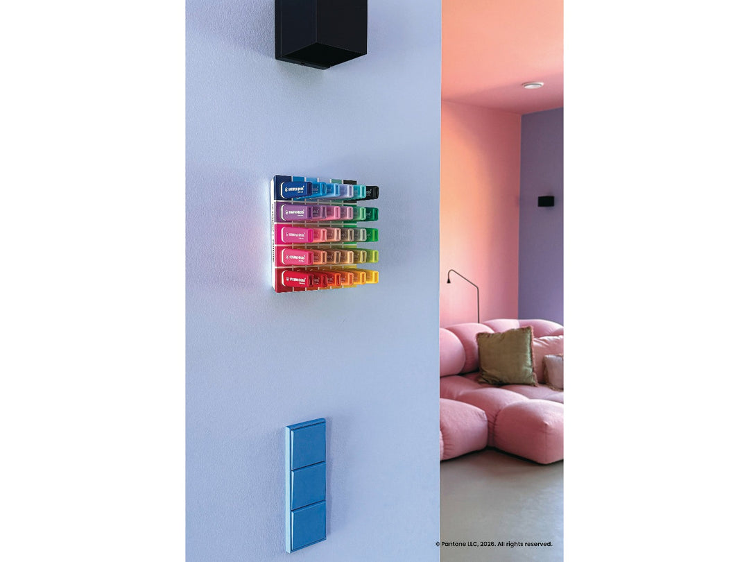 STABILO BOSS ORIGINAL x PANTONE desk set of 30 assorted highlighters wall-mounted in a modern interior, displaying the full spectrum of colours