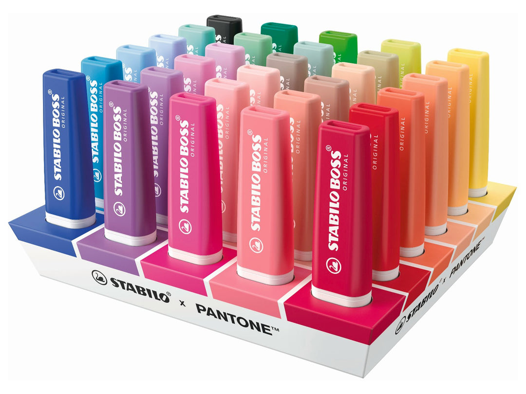 STABILO BOSS ORIGINAL x PANTONE desk set displaying 30 highlighters in a spectrum of neon, pastel and muted colours with exclusive white caps