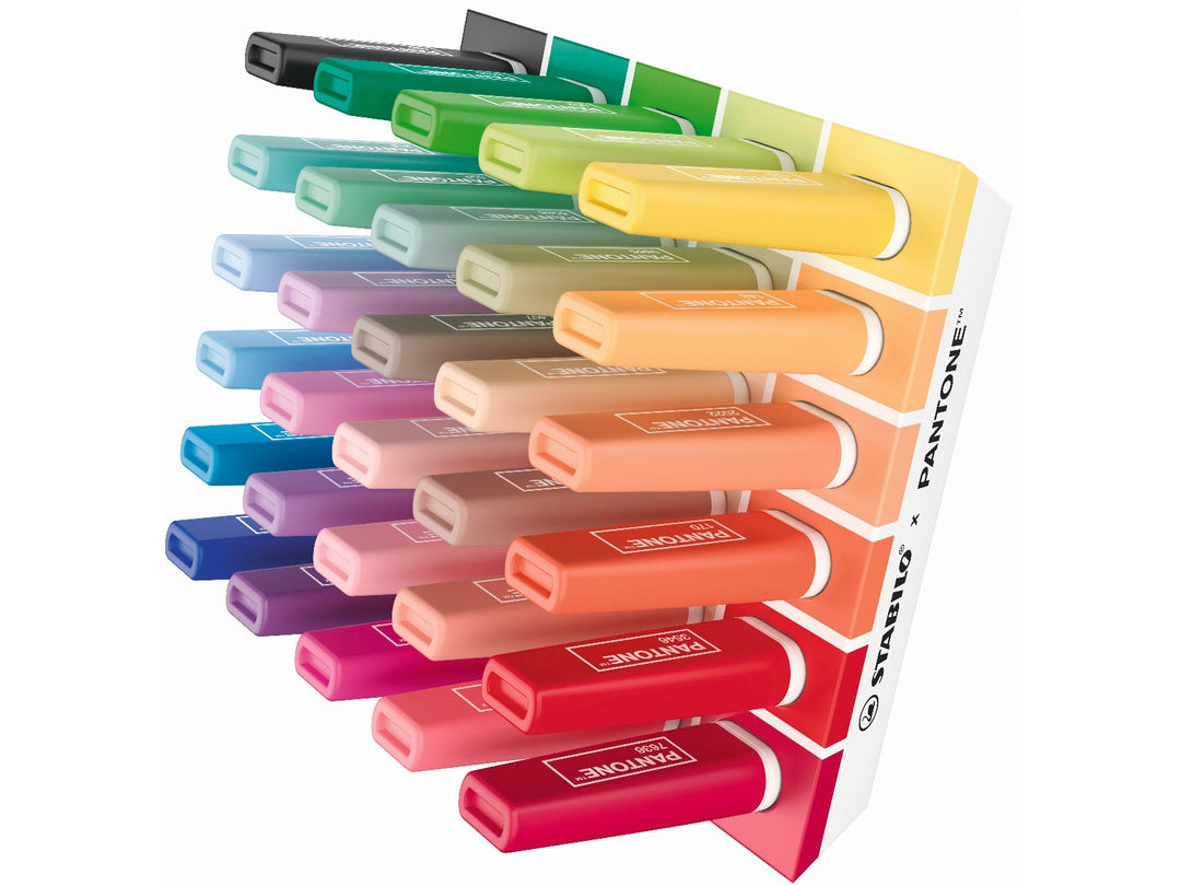 STABILO BOSS ORIGINAL x PANTONE desk set of 30 highlighters displayed horizontally in a graduated spectrum of pastel, bright and muted colours with exclusive white caps