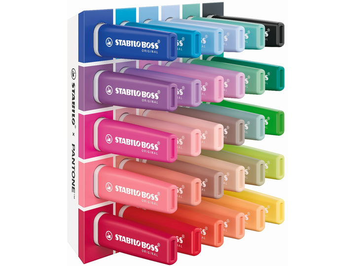 STABILO BOSS ORIGINAL x PANTONE desk set of 30 highlighters displayed horizontally in six colour-coordinated rows, ranging from blues and greens to pinks, reds, oranges and yellows