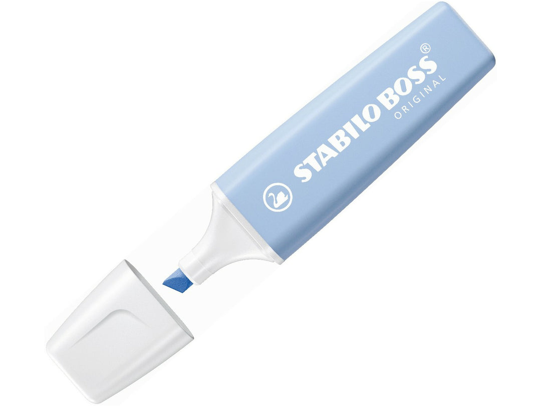 Light blue STABILO BOSS ORIGINAL x PANTONE highlighter shown uncapped, revealing the blue chisel tip and exclusive white cap