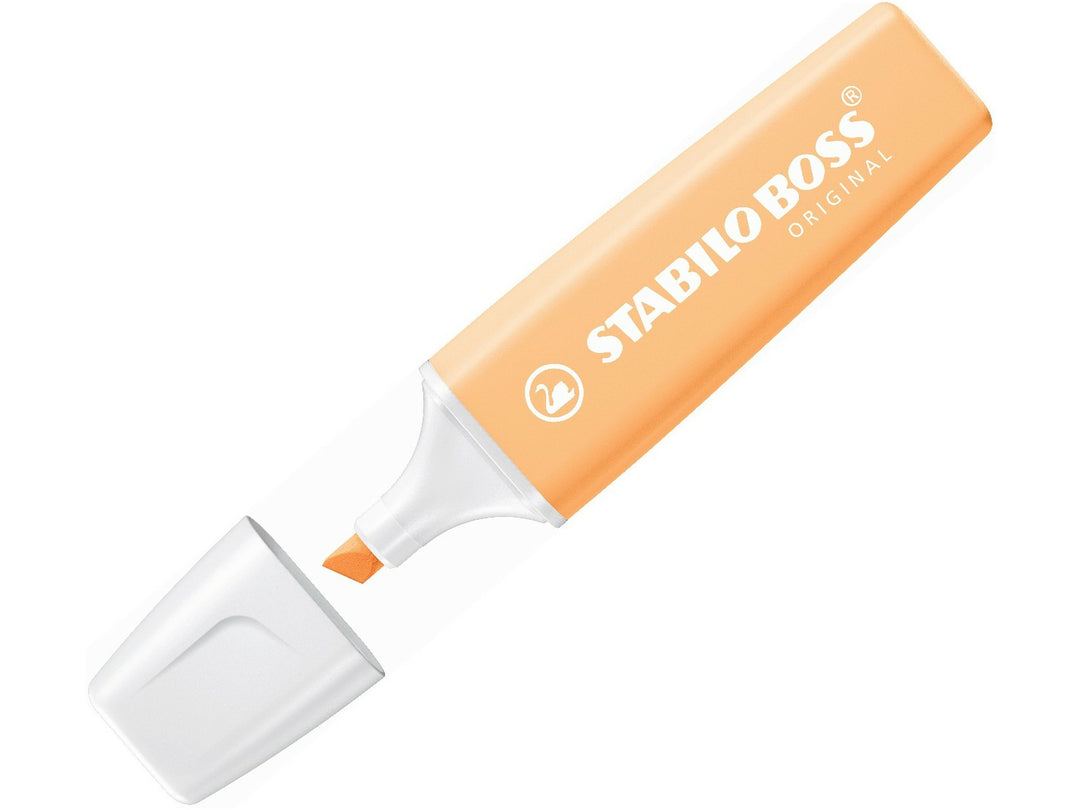 Orange STABILO BOSS ORIGINAL x PANTONE highlighter shown uncapped, revealing the orange chisel tip and exclusive white cap