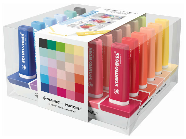 STABILO BOSS ORIGINAL x PANTONE desk set featuring 30 assorted highlighters with exclusive white caps, arranged in a colour spectrum display
