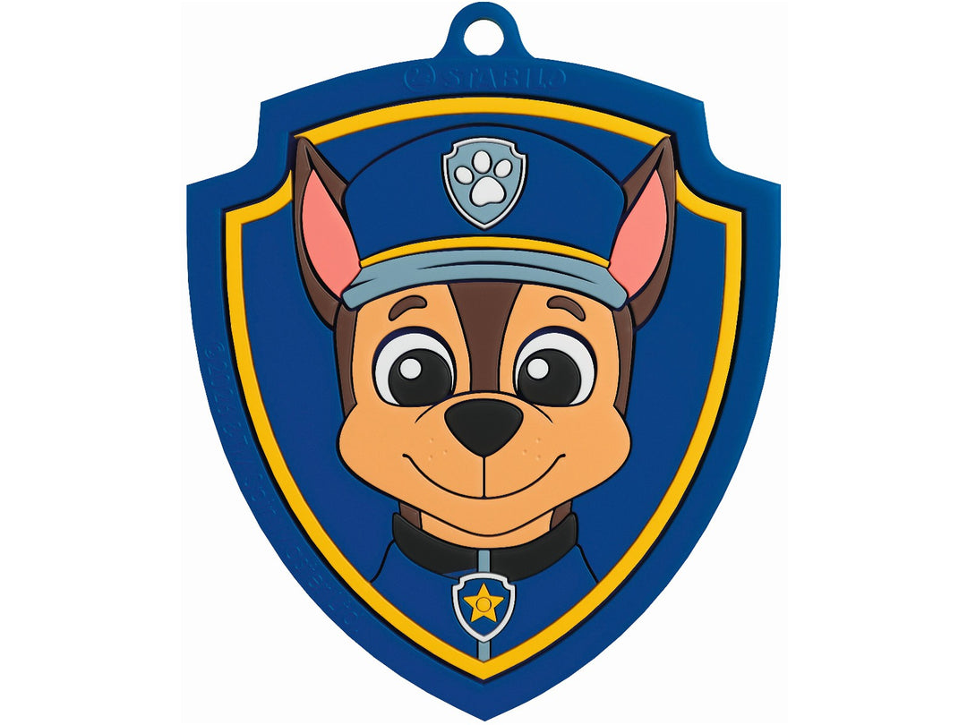 PAW Patrol Chase police badge accessory with blue shield design and loop for attaching to the STABILO Cappi cap ring