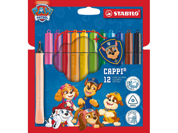STABILO Cappi PAW Patrol set of 12 assorted felt-tip pens in colourful retail packaging with cap ring and Chase police badge accessory