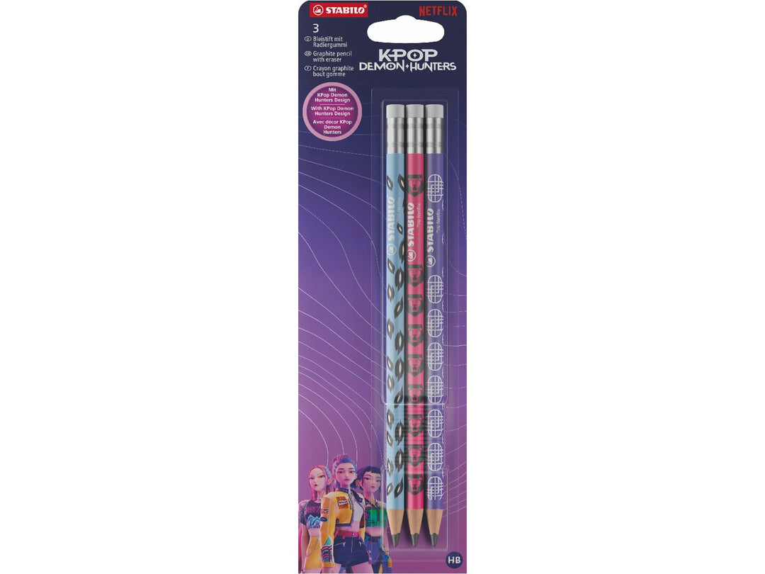 STABILO KPop Demon Hunters set of 3 HB graphite pencils with erasers displayed in special-edition purple retail packaging with blue, pink and purple character-inspired designs