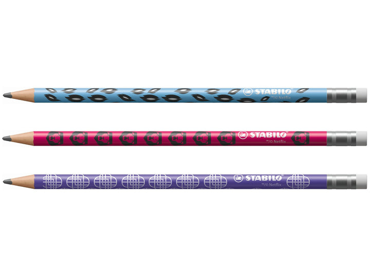 Three STABILO KPop Demon Hunters HB graphite pencils with erasers displayed horizontally, featuring blue, pink and purple character-inspired designs