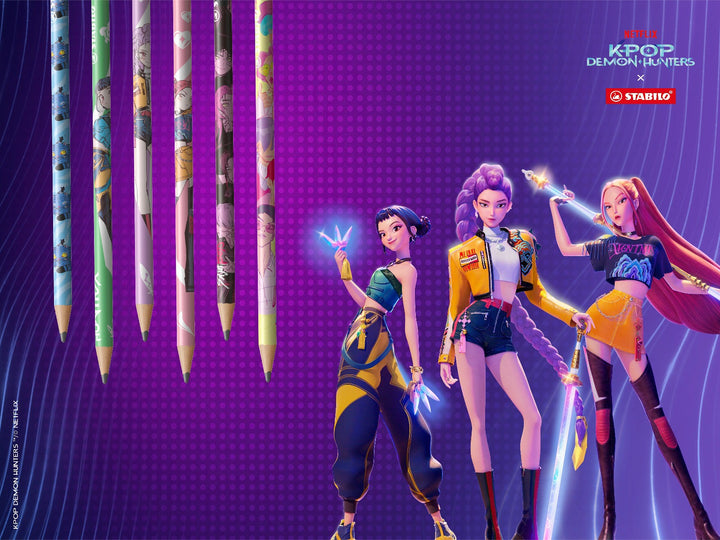 STABILO KPop Demon Hunters graphite pencils with assorted colourful character designs displayed beside promotional artwork from the special-edition collection