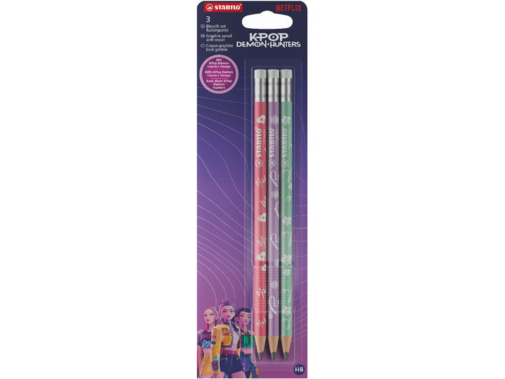STABILO KPop Demon Hunters set of 3 HB graphite pencils with erasers displayed in purple retail packaging, featuring red, purple and green character-inspired designs