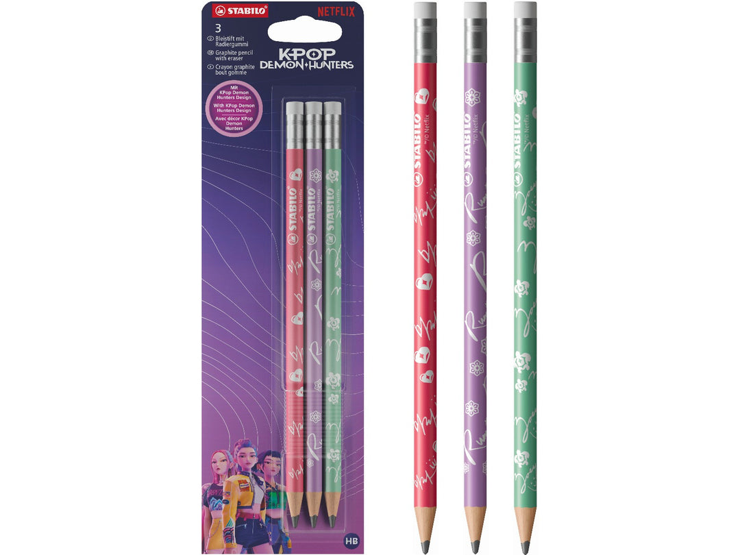 STABILO KPop Demon Hunters set of 3 HB graphite pencils with erasers in red, purple and green character-inspired designs, shown beside the special-edition retail packaging