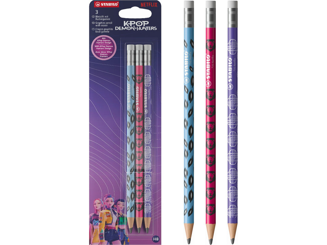 STABILO KPop Demon Hunters set of 3 HB graphite pencils with built-in erasers, shown in retail packaging and separately with blue, pink and purple character-inspired designs