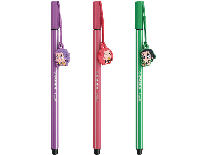 Three STABILO Pen 68 KPop Demon Hunters felt-tip pens in Plum, Strawberry Red and Mint Green, each featuring a detachable character charm
