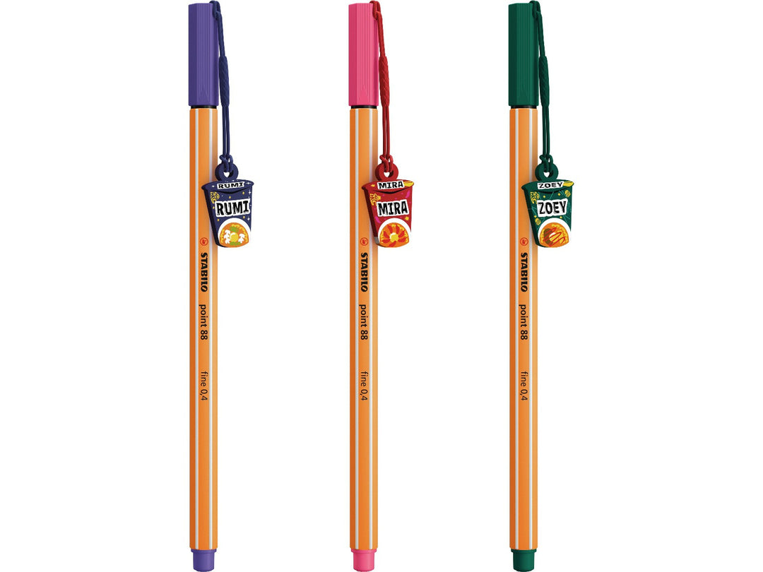 Three STABILO point 88 KPop Demon Hunters fineliner pens in Violet, Light Pink and Pine Green, each featuring a detachable ramyeon cup charm
