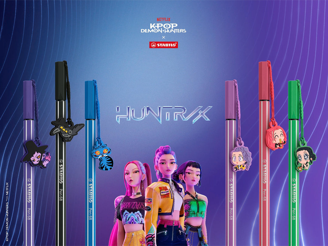 STABILO Pen 68 KPop Demon Hunters felt-tip pens in assorted colours displayed with detachable character charms and HUNTR/X promotional artwork
