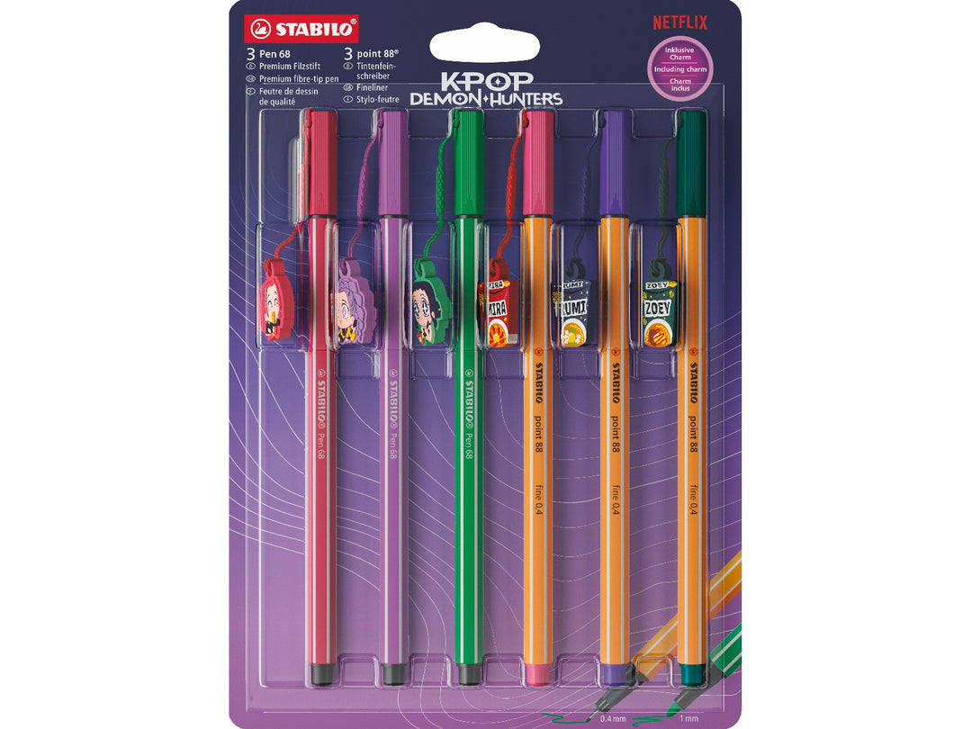 STABILO KPop Demon Hunters mixed set of 6 with three Pen 68 felt-tip pens and three point 88 fineliners in assorted colours, displayed in special-edition packaging with detachable charms