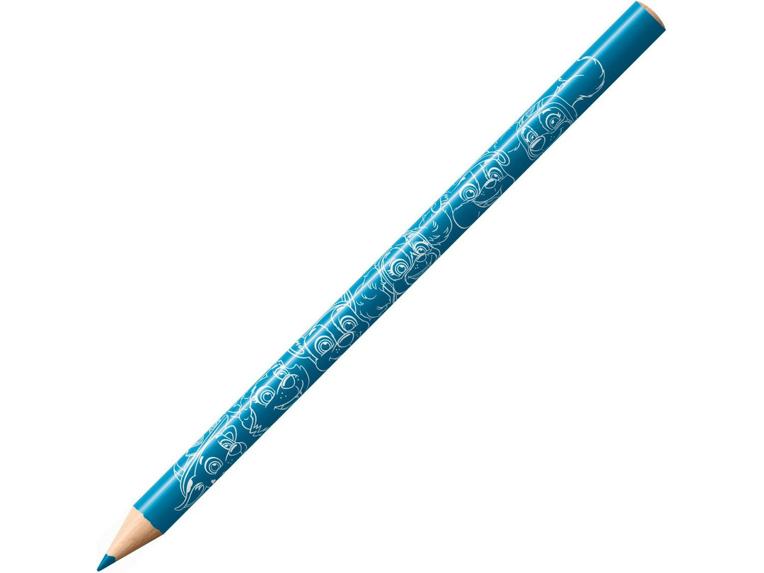 Blue STABILO PAW Patrol coloured pencil displayed diagonally on a white background, featuring white PAW Patrol character and icon designs along the barrel