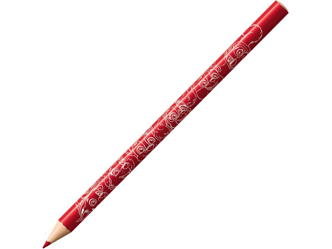 Red wooden colouring pencil with white cartoon character face illustrations printed along the barrel, shown sharpened on a white background