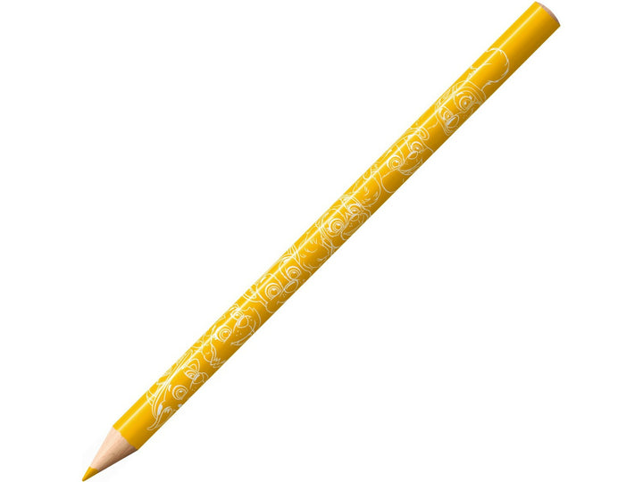 Yellow wooden colouring pencil with white cartoon character face illustrations printed along the barrel, shown sharpened on a white background