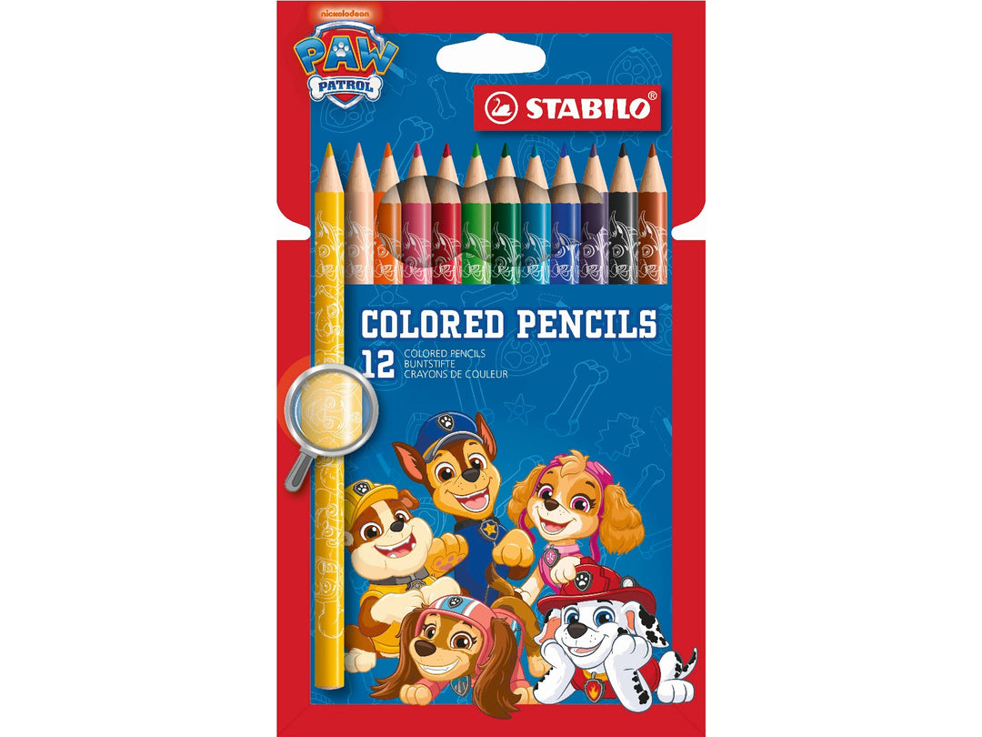 STABILO PAW Patrol pack of 12 coloured pencils in assorted bright colours, displayed in blue retail packaging featuring PAW Patrol character artwork