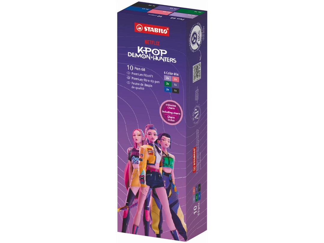 STABILO Pen 68 KPop Demon Hunters assorted Pack of 10 felt-tip pens in purple retail packaging featuring character artwork and six assorted colours