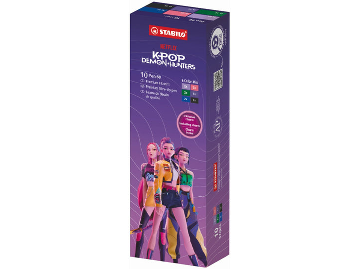 STABILO Pen 68 KPop Demon Hunters assorted Pack of 10 felt-tip pens in purple retail packaging featuring character artwork and six assorted colours
