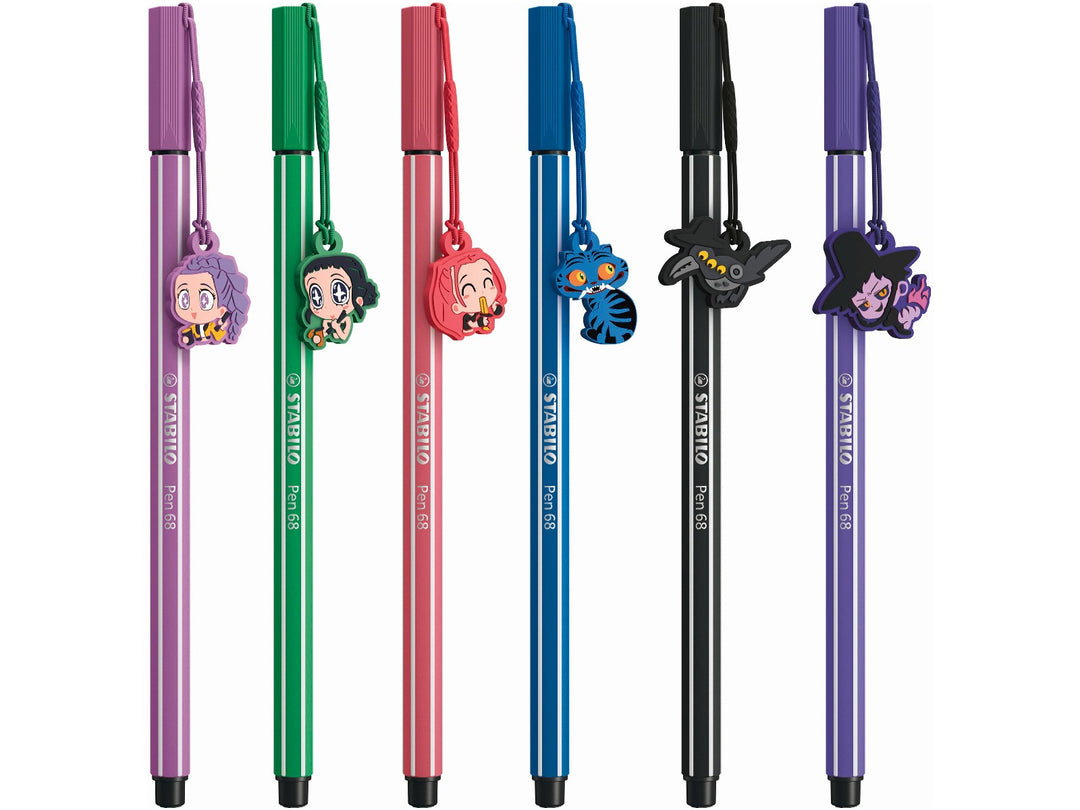 Six STABILO Pen 68 KPop Demon Hunters felt-tip pens in purple, green, red, blue, black and violet, each featuring a detachable character charm